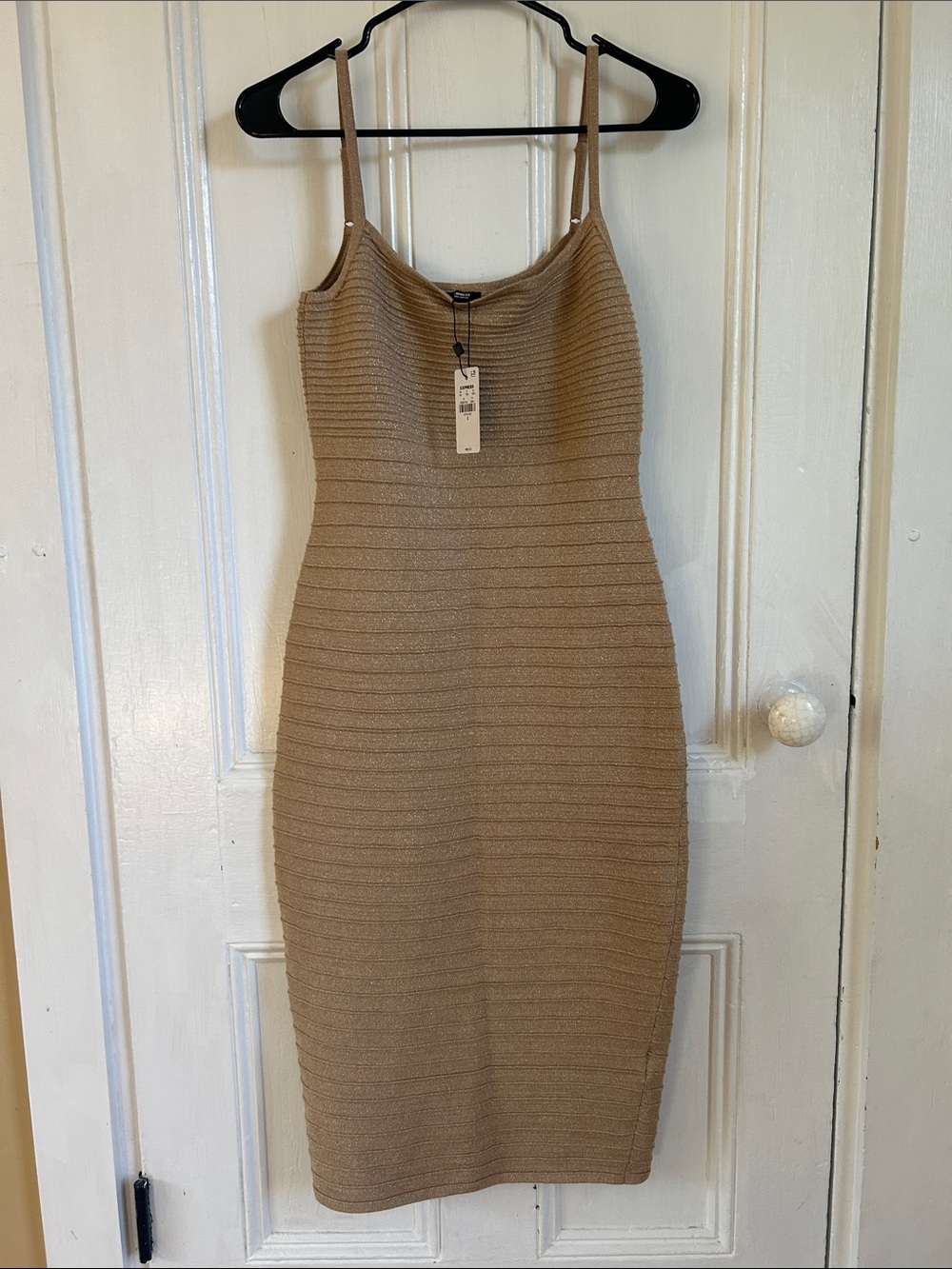 Express Gold Ribbed Midi Bodycon Dress